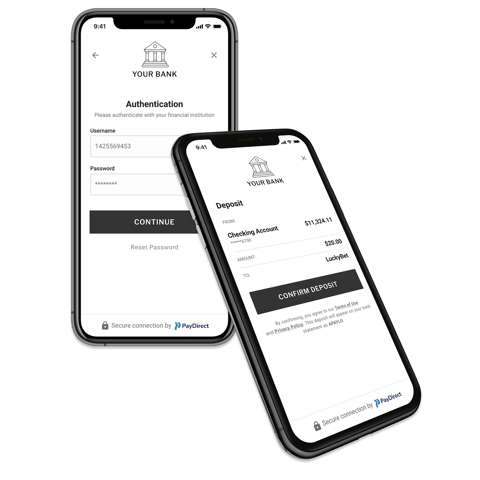 Two mobile devices featuring Instant Bank Transfer screens