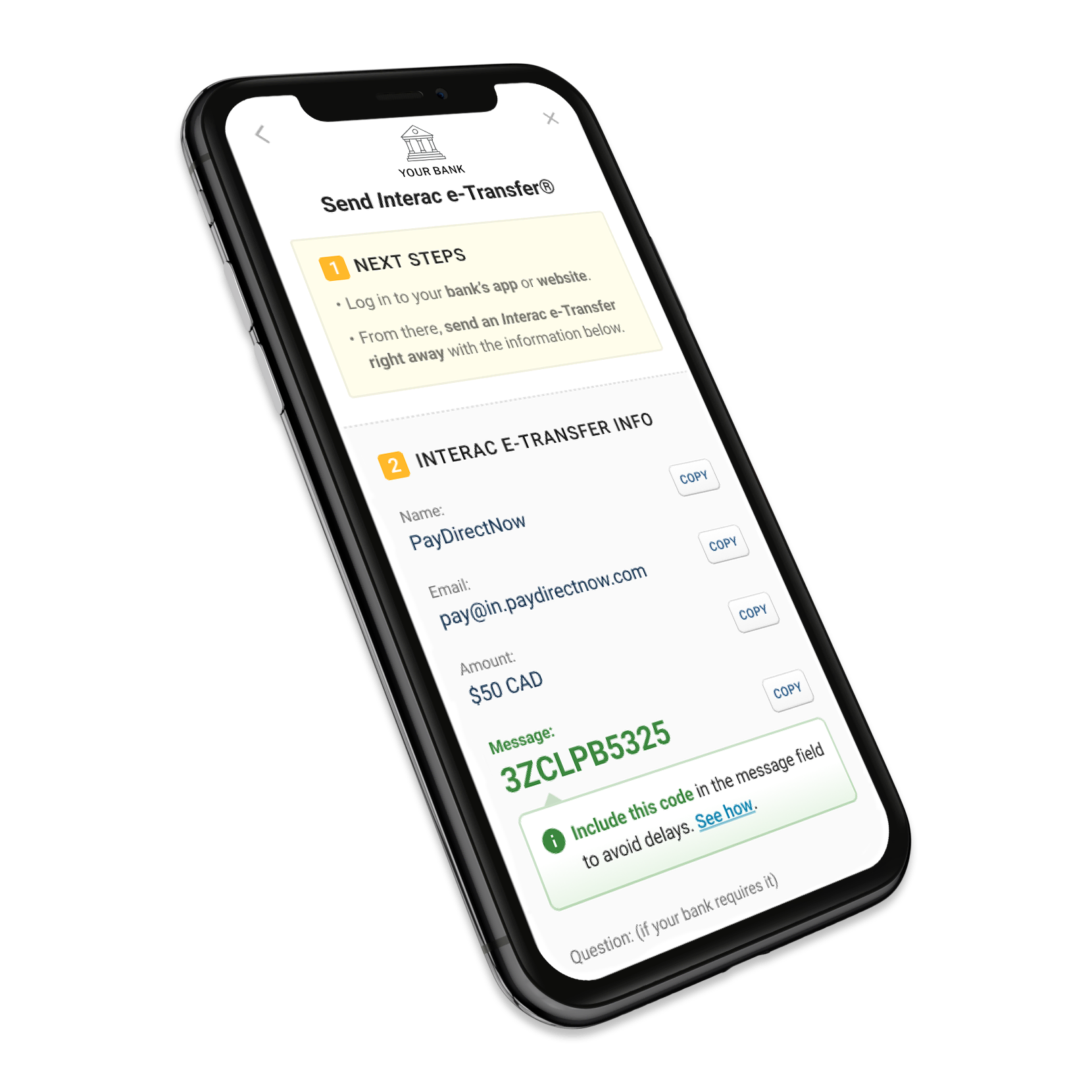 Mobile device showing Interac e-Transfer